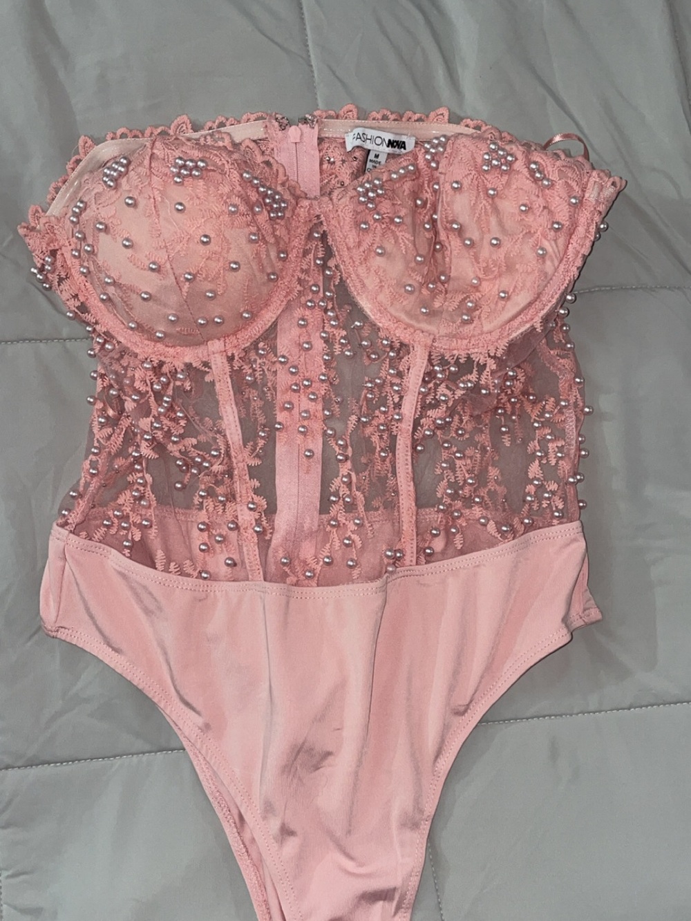 Fashion Nova Pink Pearl-Embellished Sheer Lace Bustier Bodysuit
